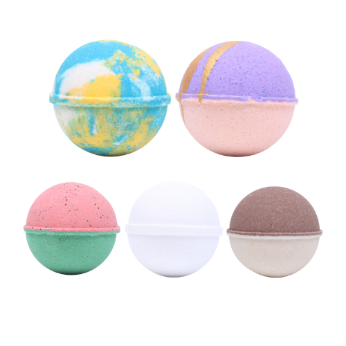 A display of four different colored non-CBD bath bombs on a transparent background, highlighting their vibrant designs.