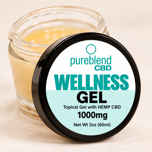 Pureblend CBD Wellness Gel with 1000mg hemp CBD in a 2 oz topical gel jar.