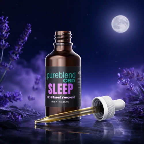 Pureblend CBD Sleep THC-infused tincture with dropper against a moonlit lavender nighttime background