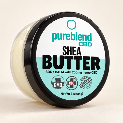 Pureblend CBD Shea Butter body balm with 250mg hemp CBD in a 3 oz jar.