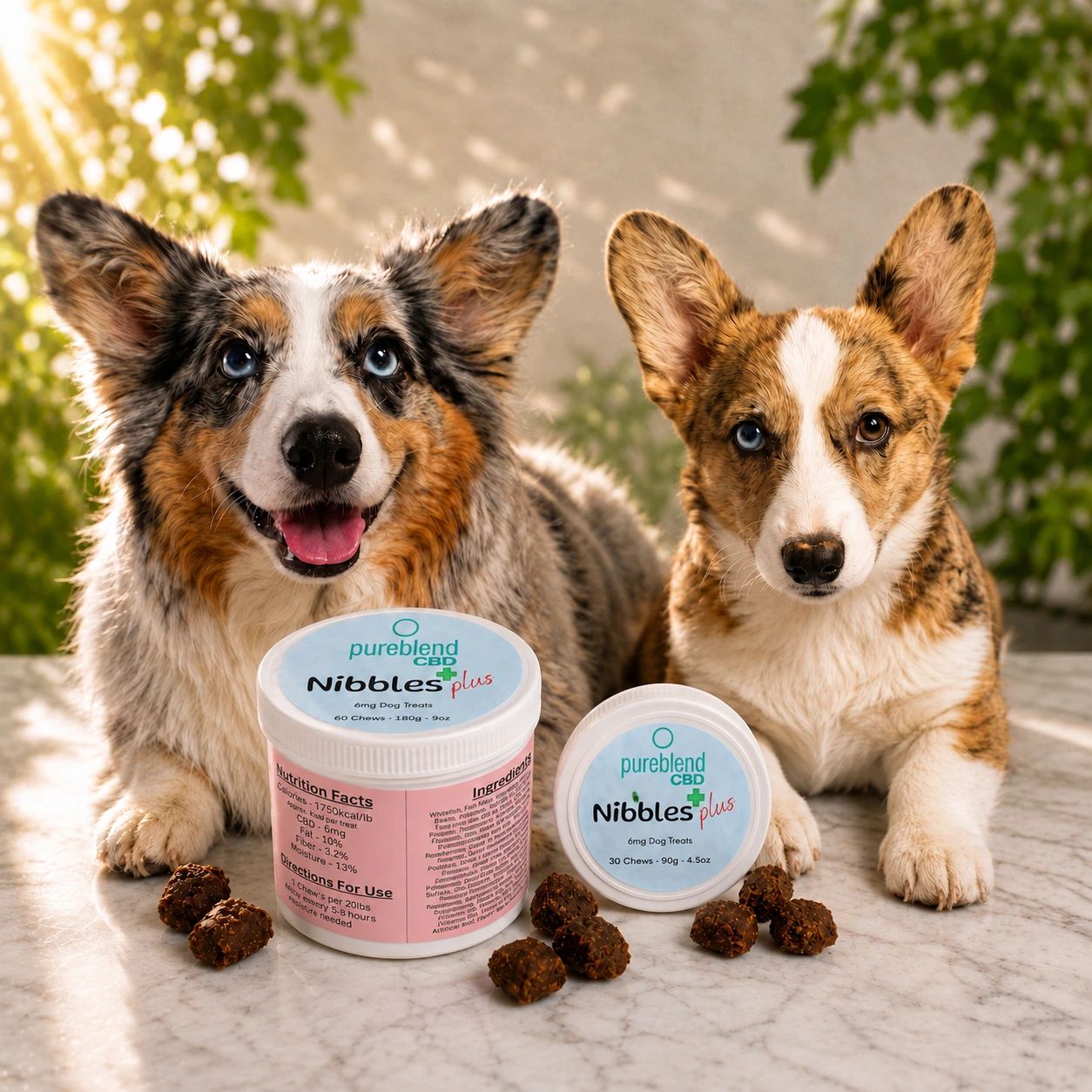 Saphira and Gizmo with PureBlend CBD Nibbles+ broad-spectrum hemp dog treats in 30- and 60-chew containers.