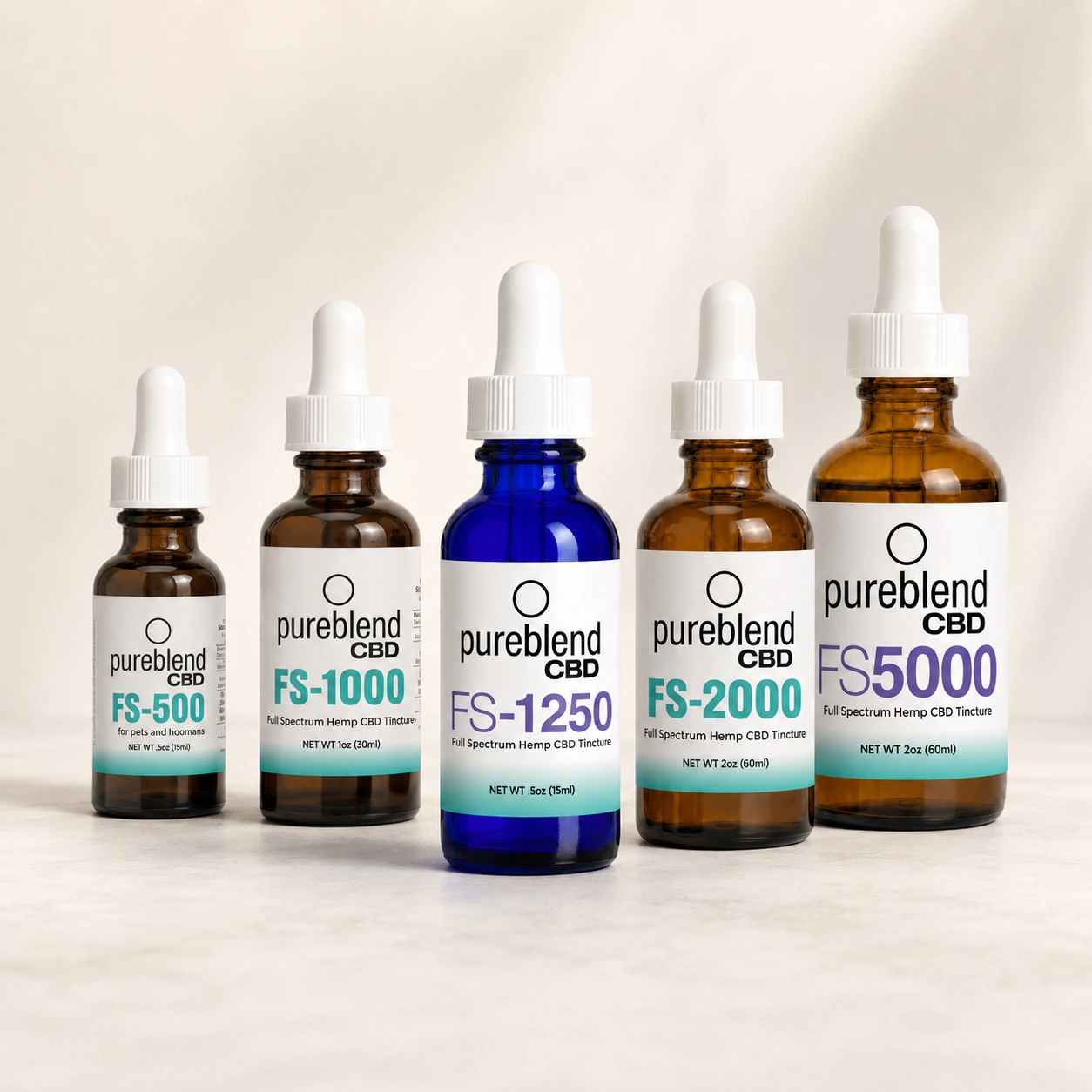Pureblend CBD full spectrum hemp tincture bottle collection featuring FS-500, FS-1000, FS-1250, FS-2000, and FS-5000