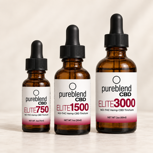 Pureblend Elite THC-free hemp CBD tinctures in 750mg, 1500mg, and 3000mg strengths.